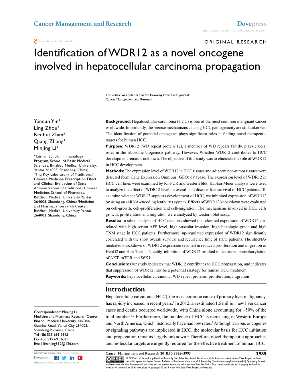 Identification of WDR12 As a Novel Oncogene Involved in Hepatocellular Carcinoma Propagation