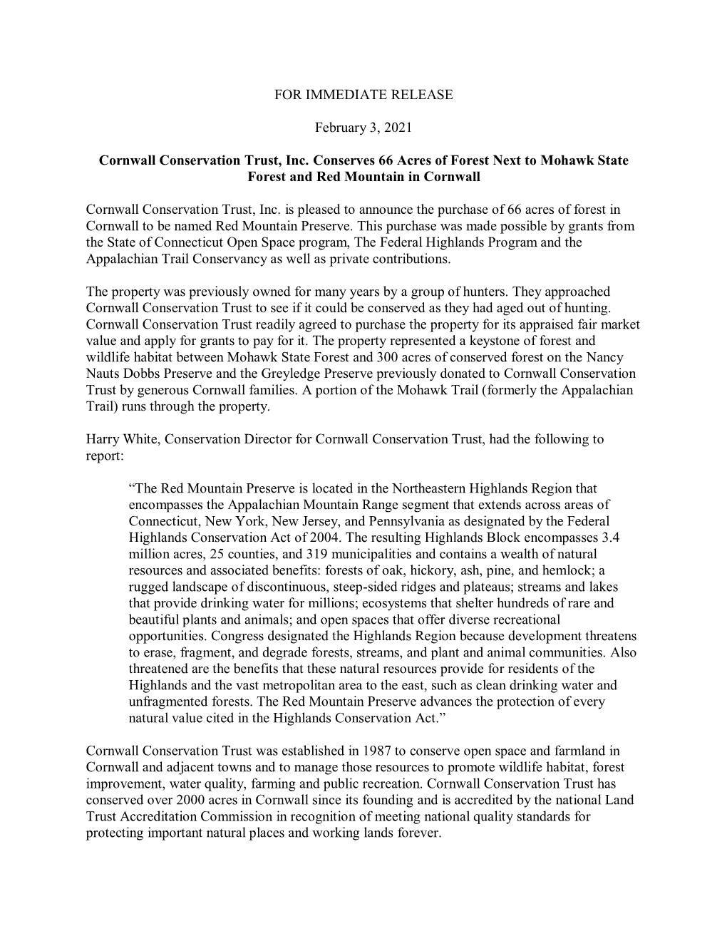 FOR IMMEDIATE RELEASE February 3, 2021 Cornwall Conservation