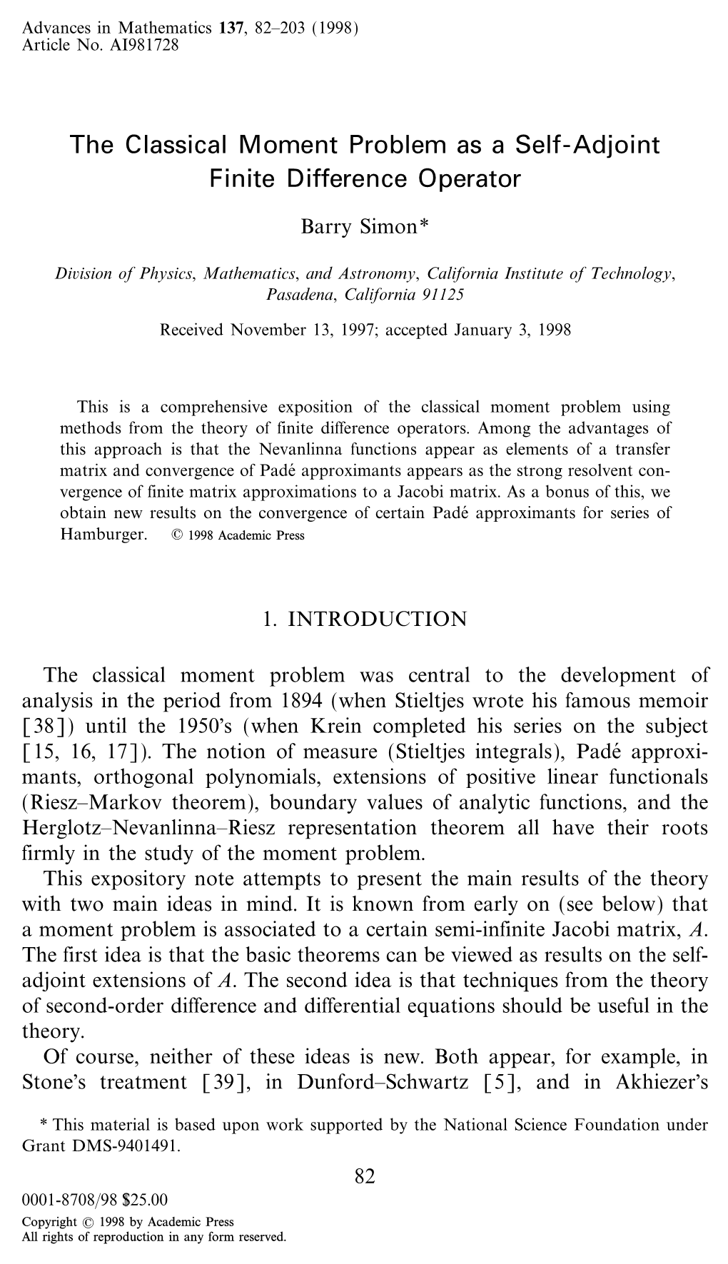 The Classical Moment Problem As a Self-Adjoint Finite Difference Operator