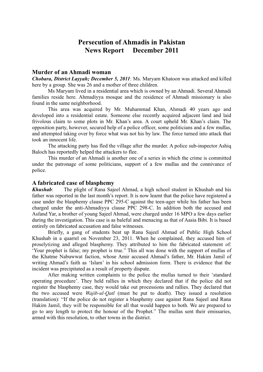 Persecution of Ahmadis in Pakistan News Report December 2011