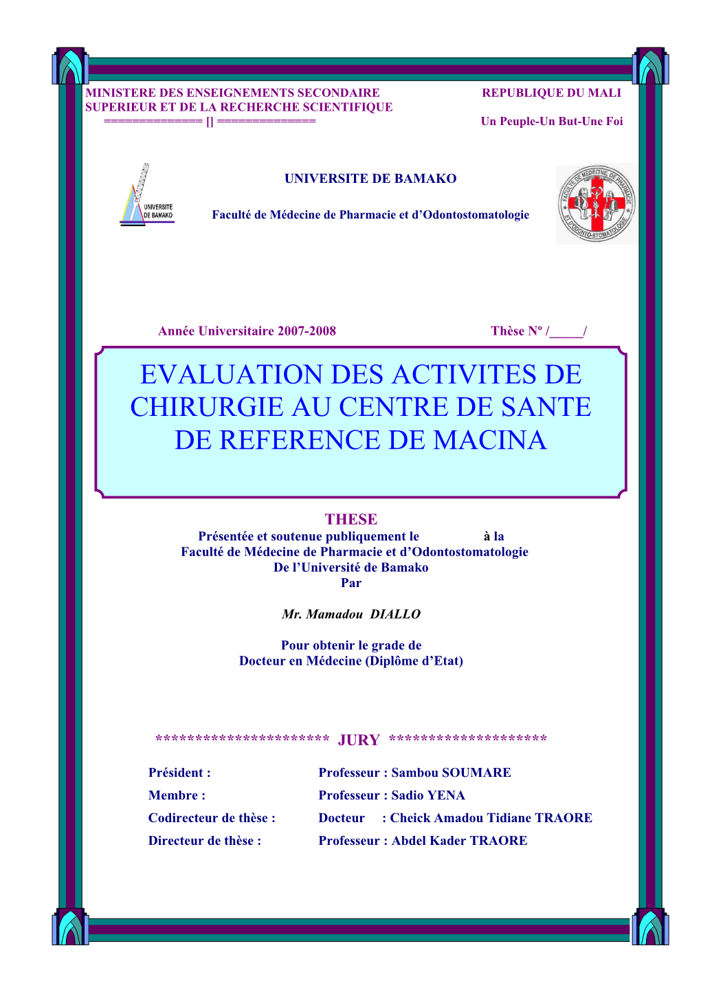 Evaluation Des Activites De Chirurgie Au Centre De