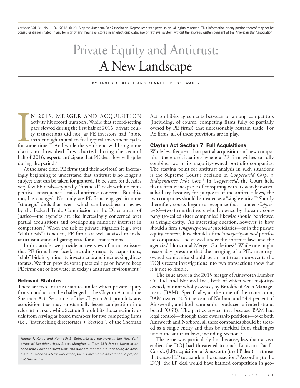 Private Equity and Antitrust: a New Landscape