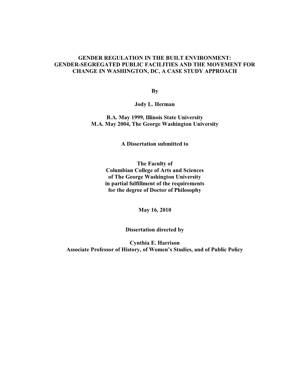 Gender-Segregated Public Facilities and the Movement for Change in Washington, Dc, a Case Study Approach