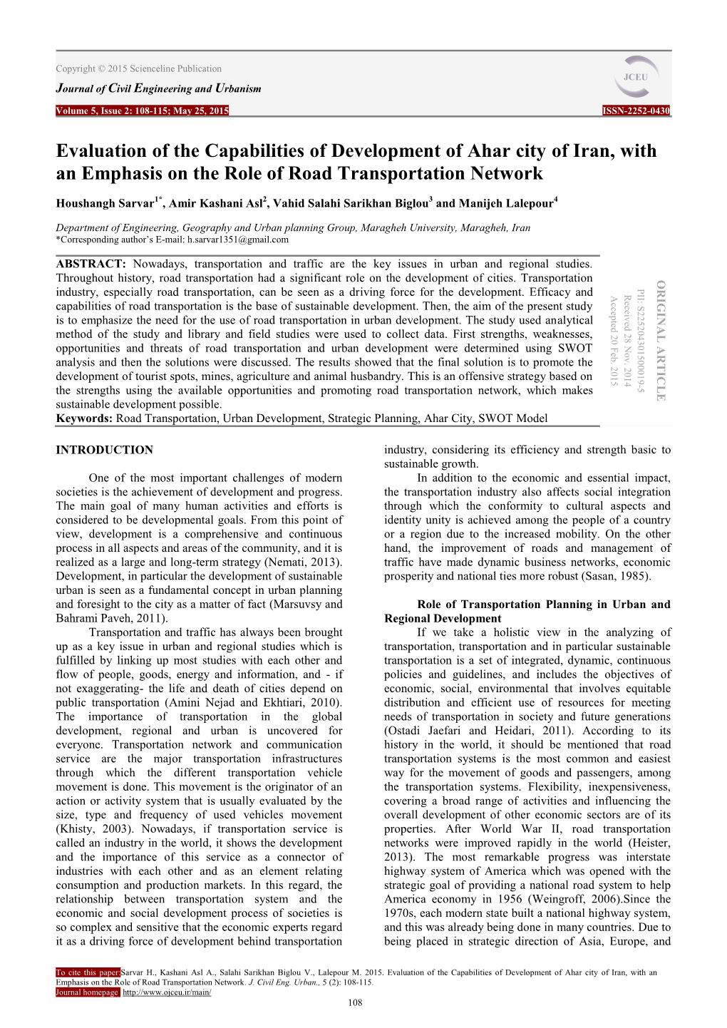 Evaluation of the Capabilities of Development of Ahar City of Iran, with an Emphasis on the Role of Road Transportation Network