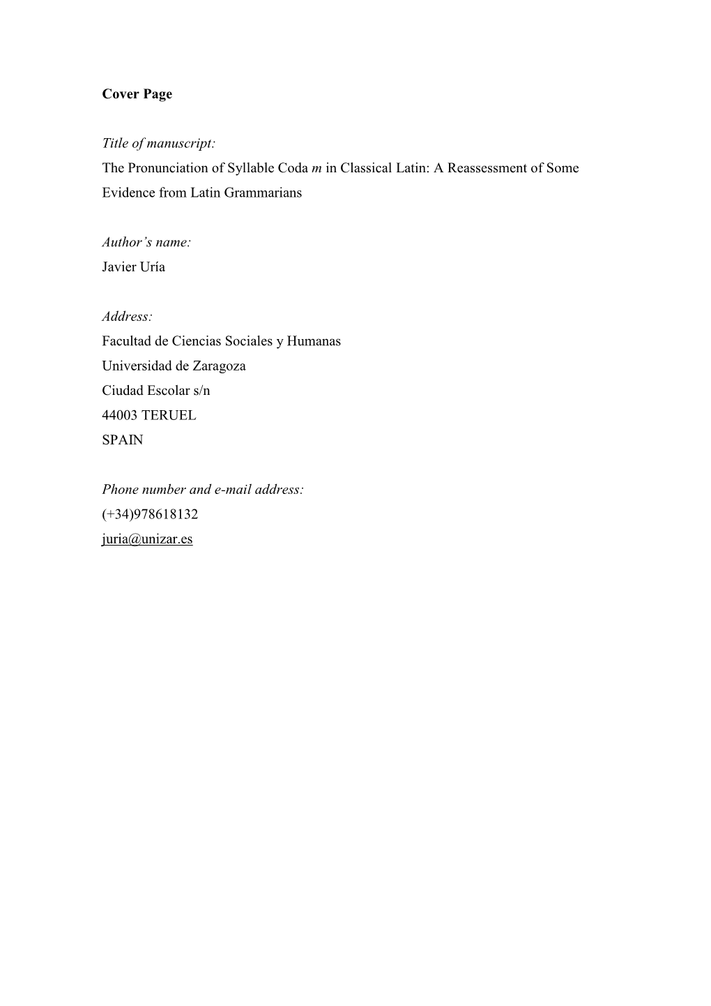 The Pronunciation of Syllable Coda M in Classical Latin: a Reassessment of Some Evidence from Latin Grammarians