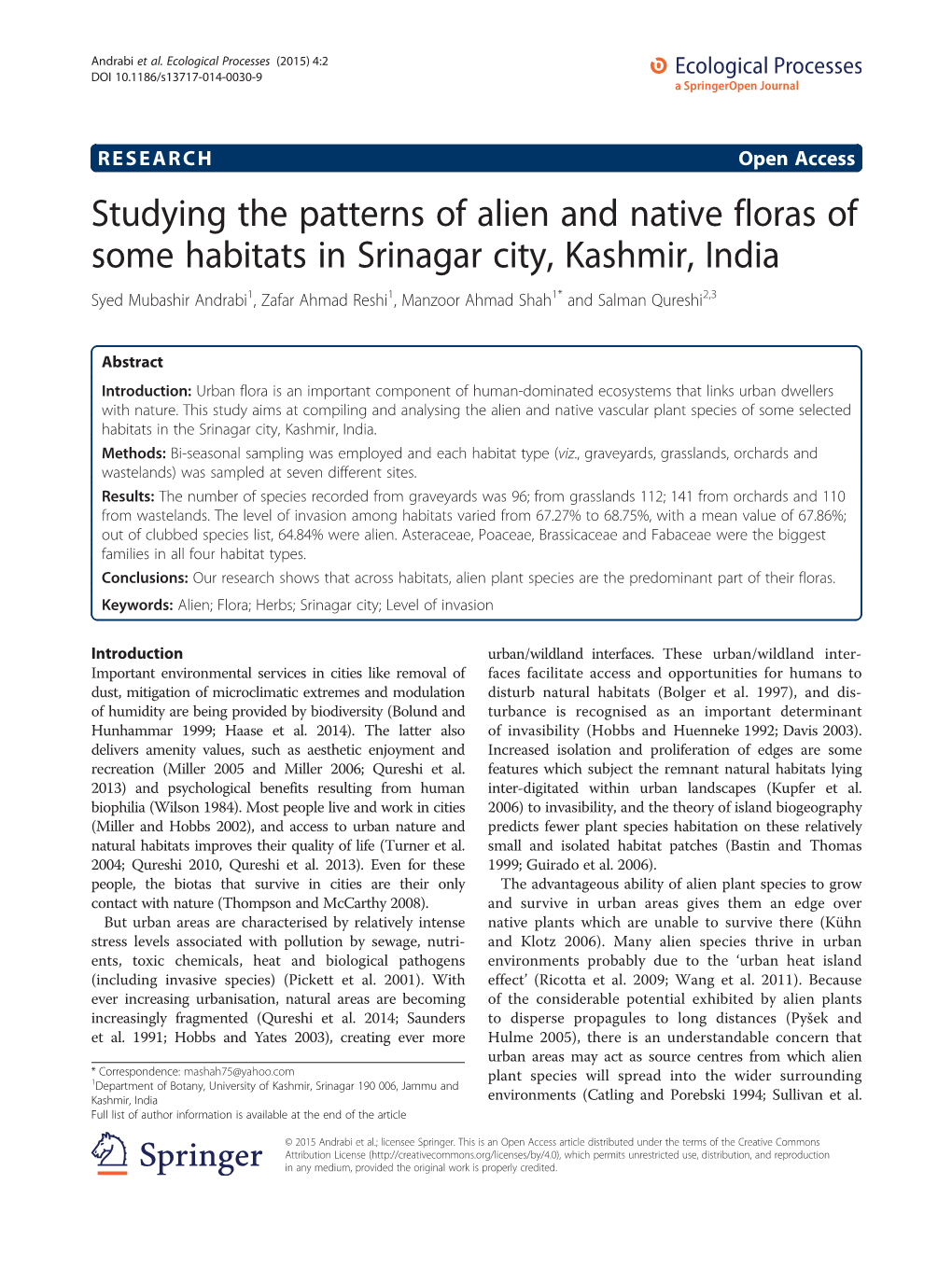 Studying the Patterns of Alien and Native Floras of Some Habitats in Srinagar City, Kashmir, India