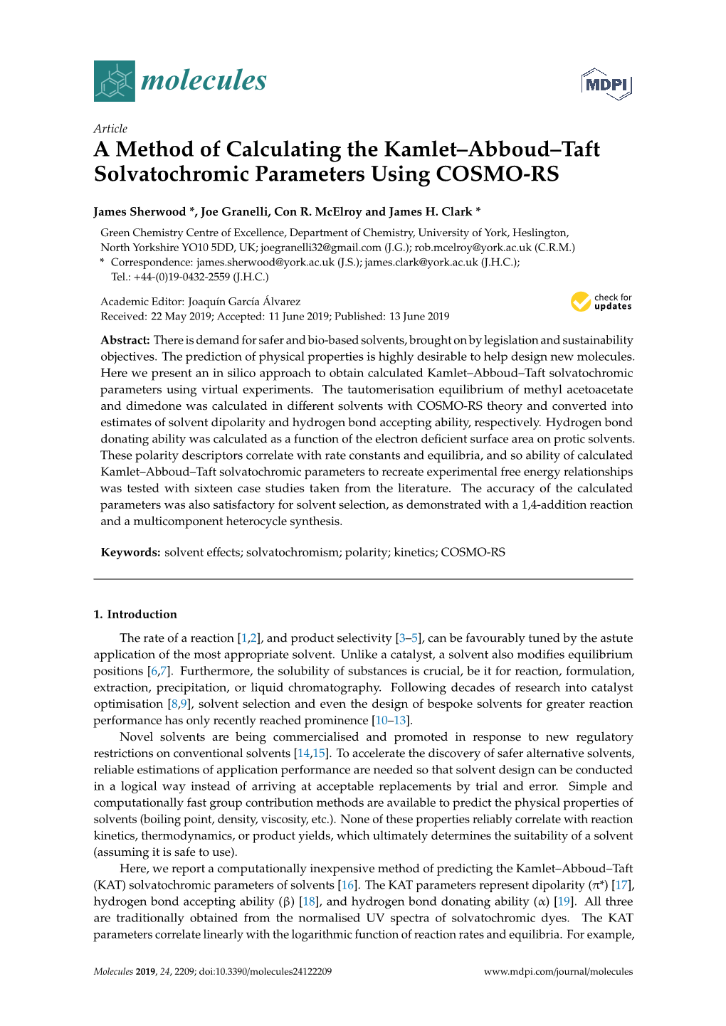 A Method of Calculating the Kamlet–Abboud–Taft Solvatochromic Parameters Using COSMO-RS