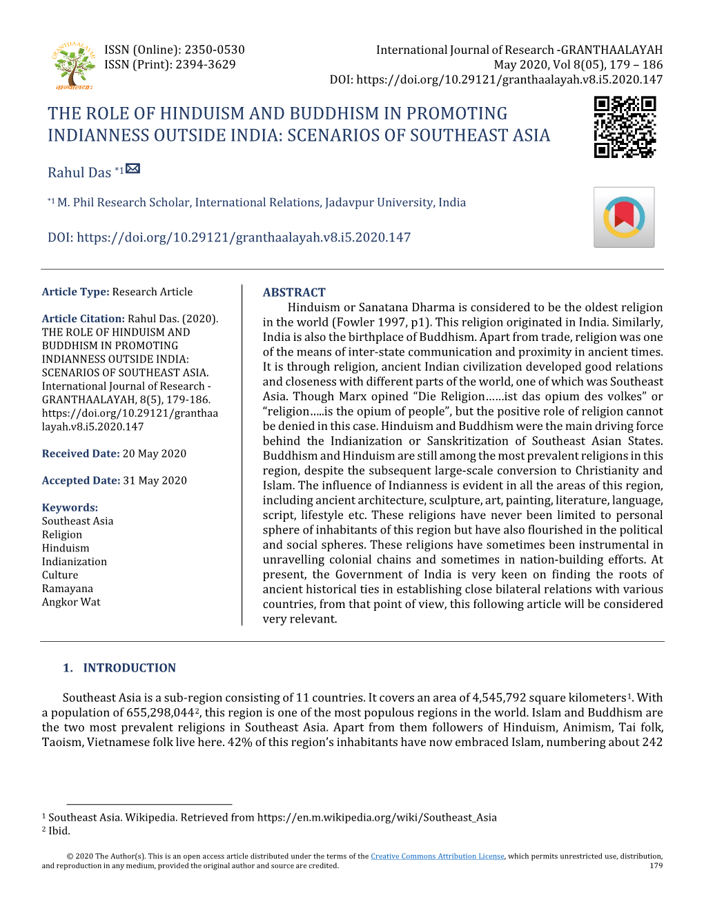 The Role of Hinduism and Buddhism in Promoting Indianness Outside India: Scenarios of Southeast Asia