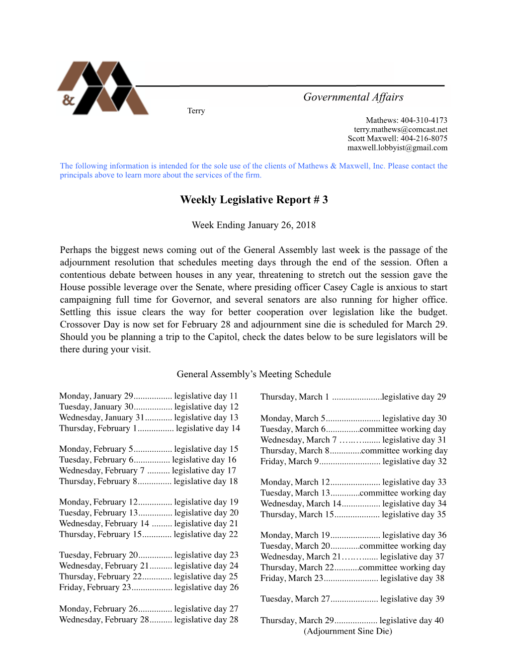 Weekly Legislative Report #3 01-26-18