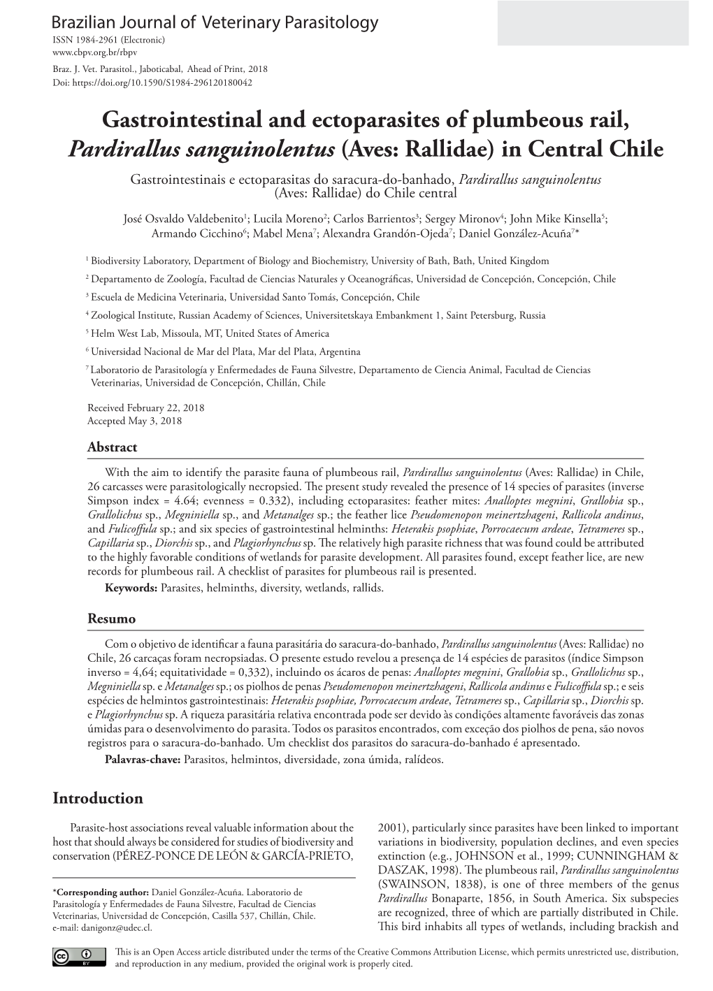 Gastrointestinal and Ectoparasites of Plumbeous Rail, Pardirallus