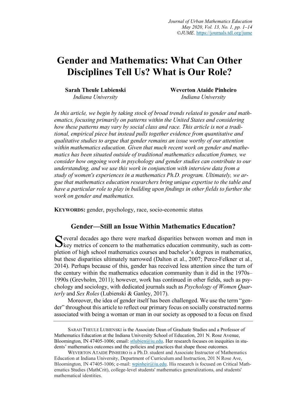 Gender and Mathematics: What Can Other Disciplines Tell Us? What Is Our Role?