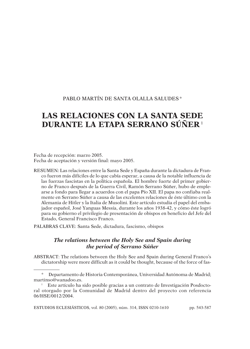 Las Relaciones Con La Santa Sede Durante La Etapa Serrano Súñer 1