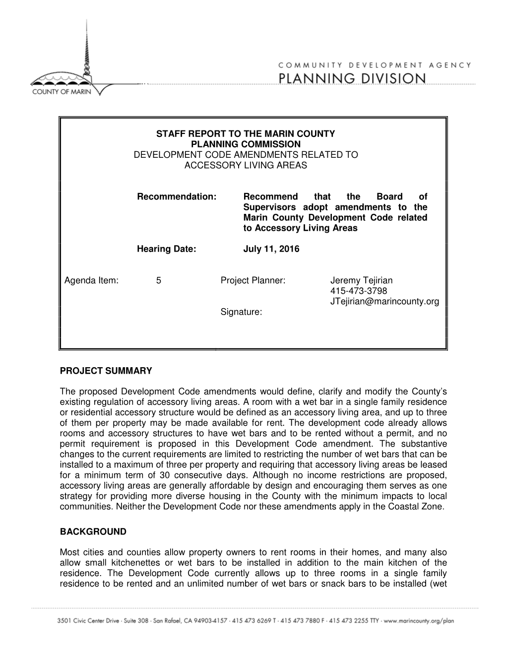 Staff Report to the Marin County Planning Commission Development Code Amendments Related to Accessory Living Areas