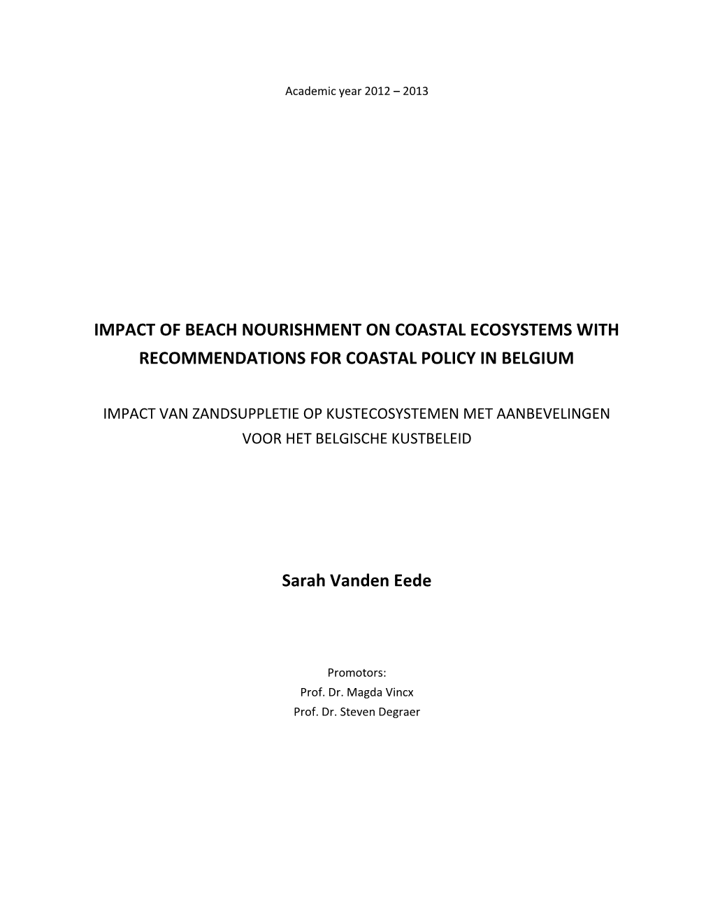 Impact of Beach Nourishment on Coastal Ecosystems with Recommendations for Coastal Policy in Belgium