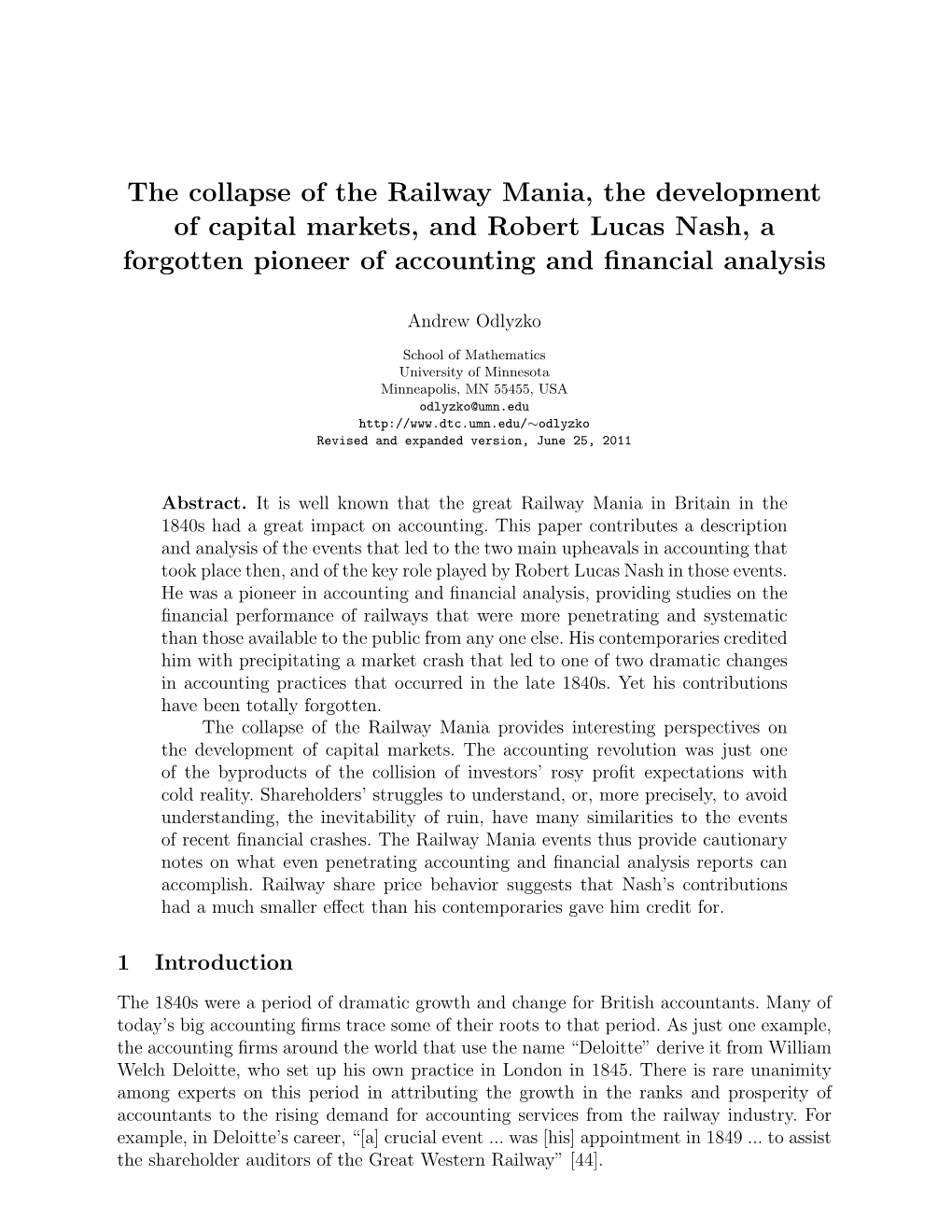 The Collapse of the Railway Mania, the Development of Capital Markets, and Robert Lucas Nash, a Forgotten Pioneer of Accounting and ﬁnancial Analysis