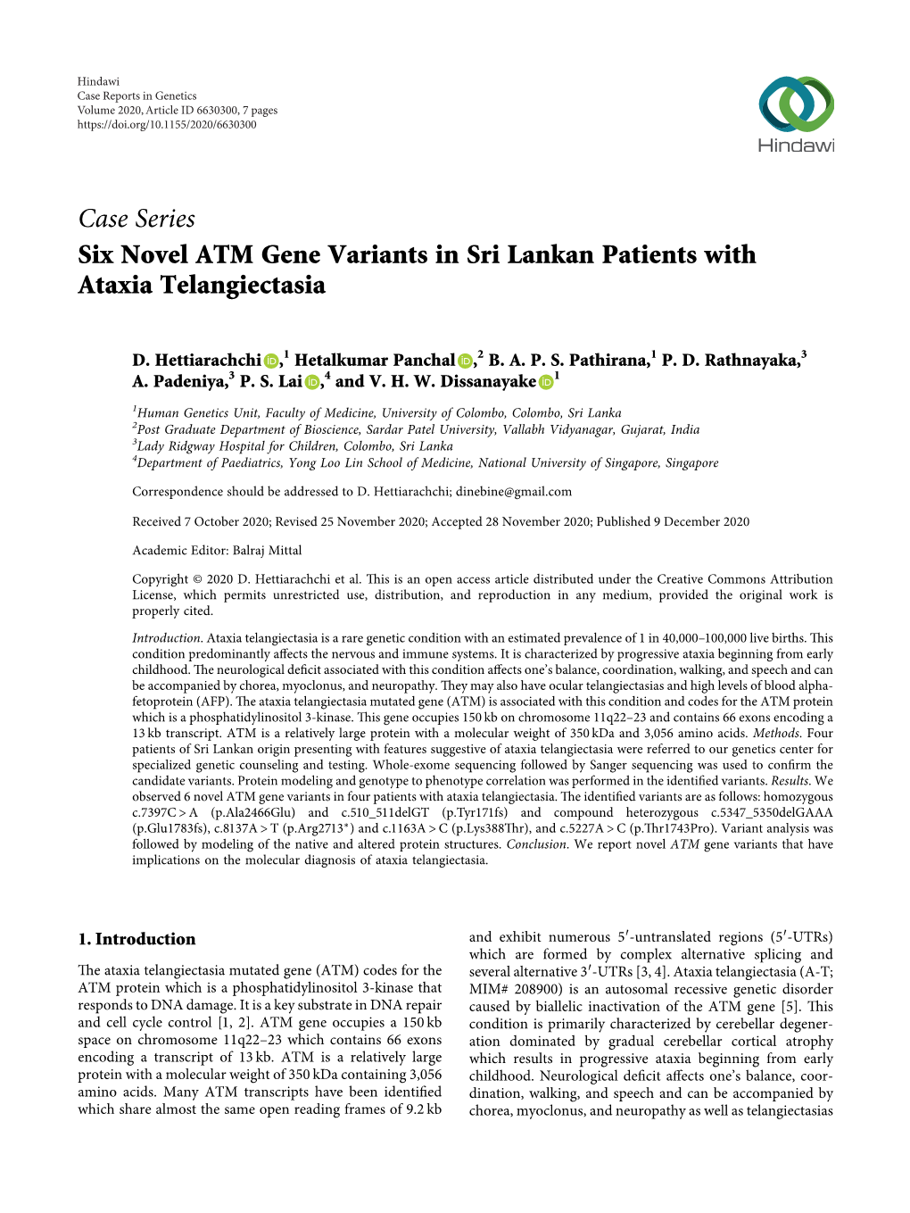 Case Series Six Novel ATM Gene Variants in Sri Lankan Patients with Ataxia Telangiectasia