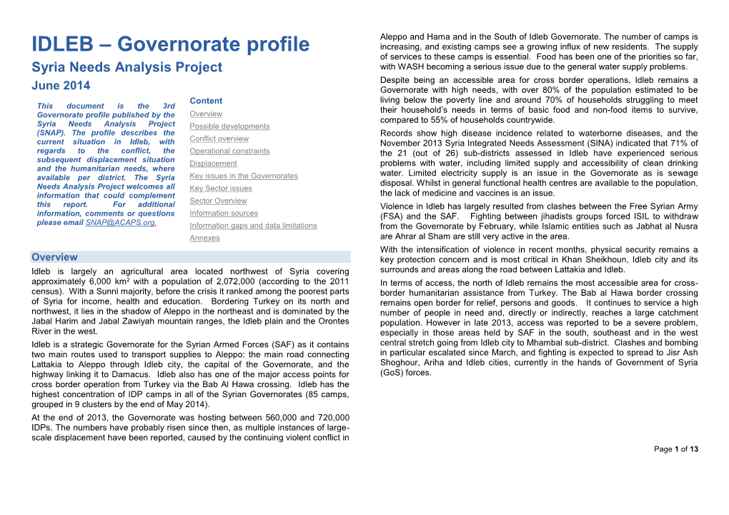 IDLEB – Governorate Profile Increasing, and Existing Camps See a Growing Influx of New Residents