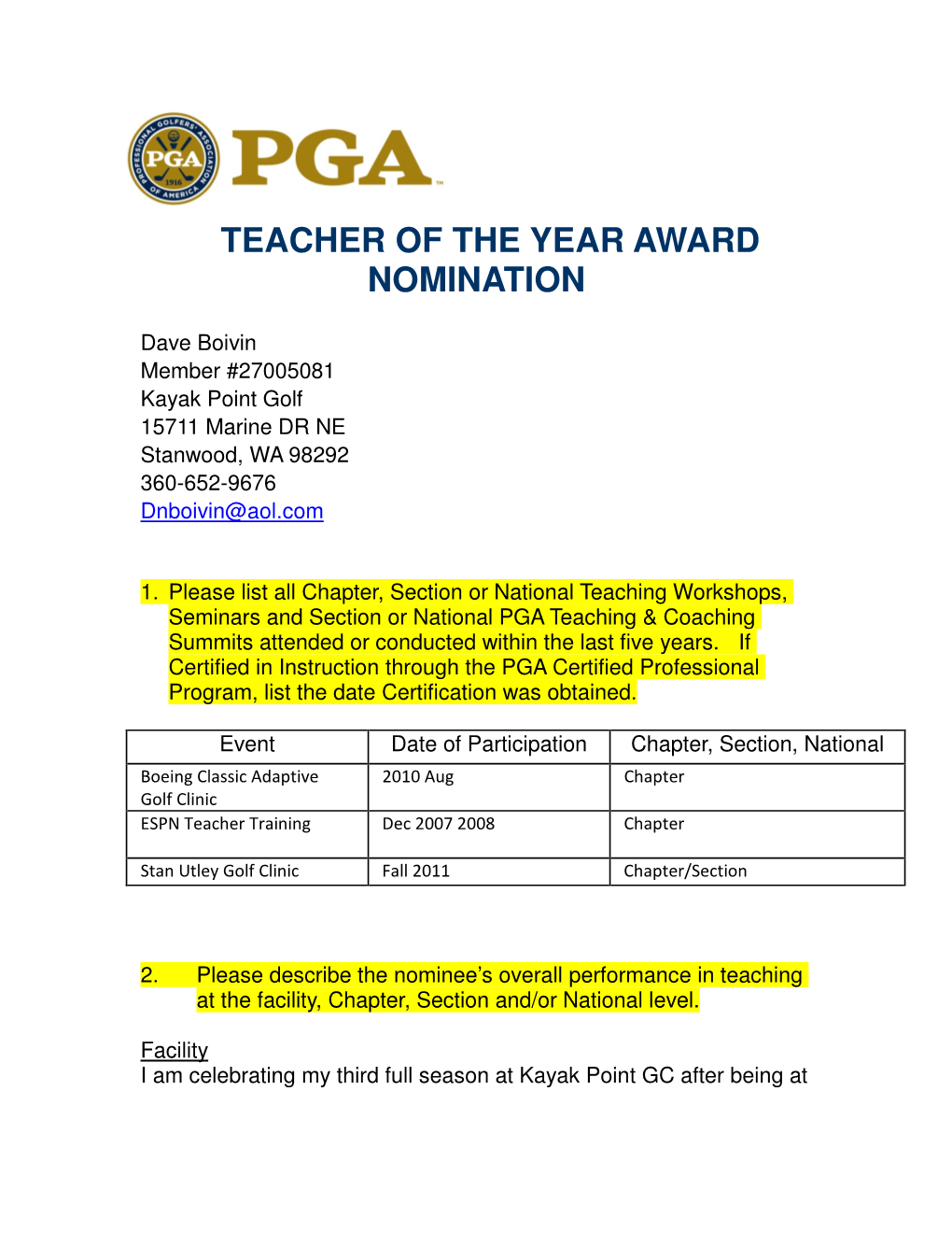 Teacher of the Year Award Nomination