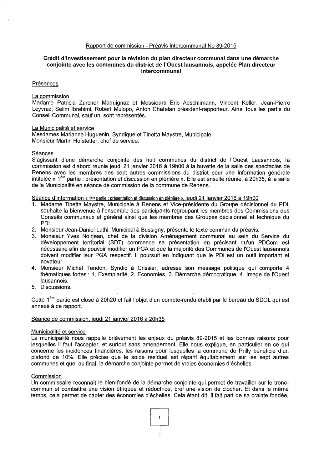 Rapport De Commission - Préavis Intercommunal No 89-2015