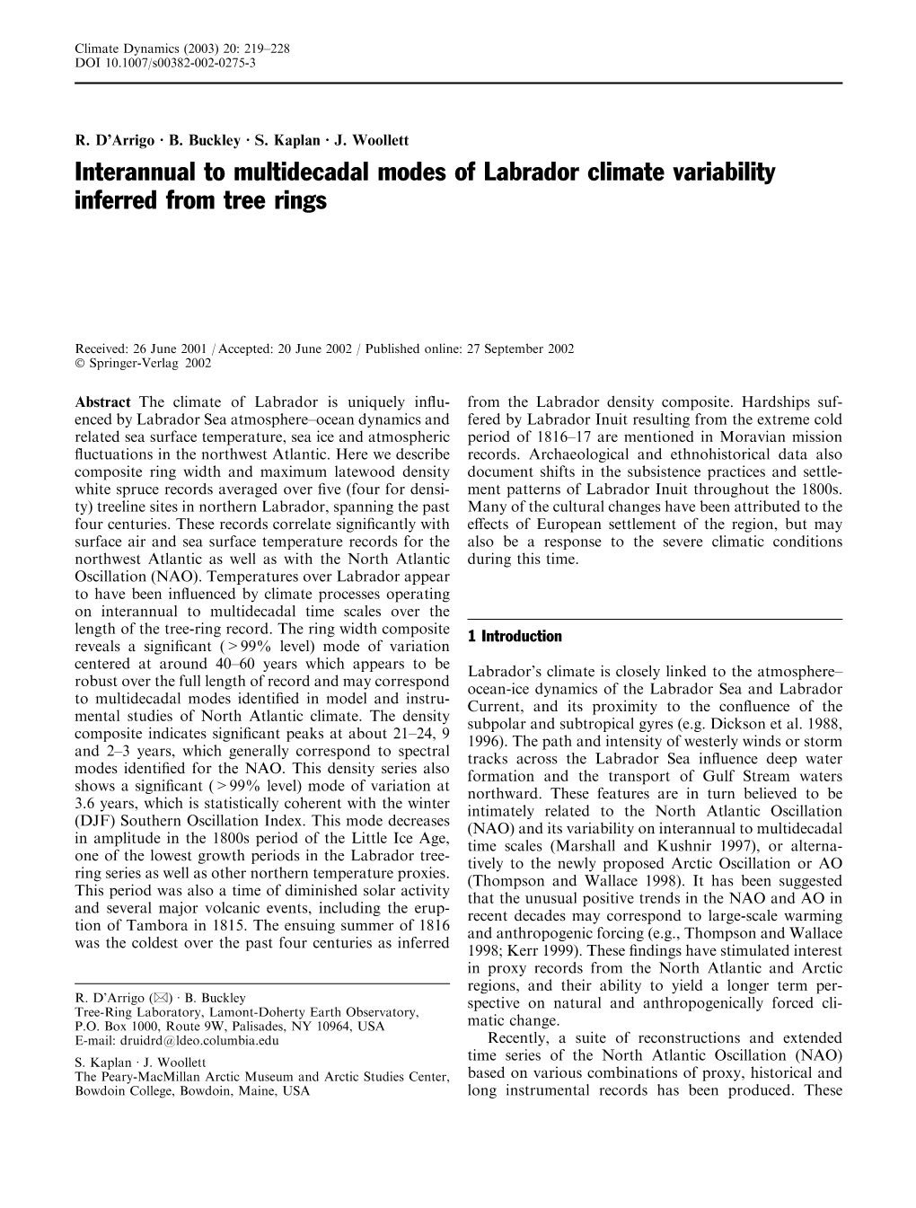 Interannual to Multidecadal Modes of Labrador Climate Variability Inferred from Tree Rings