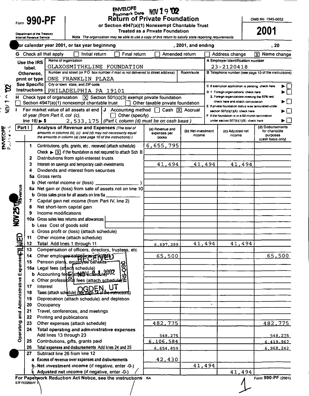 Form 990-PF 2001