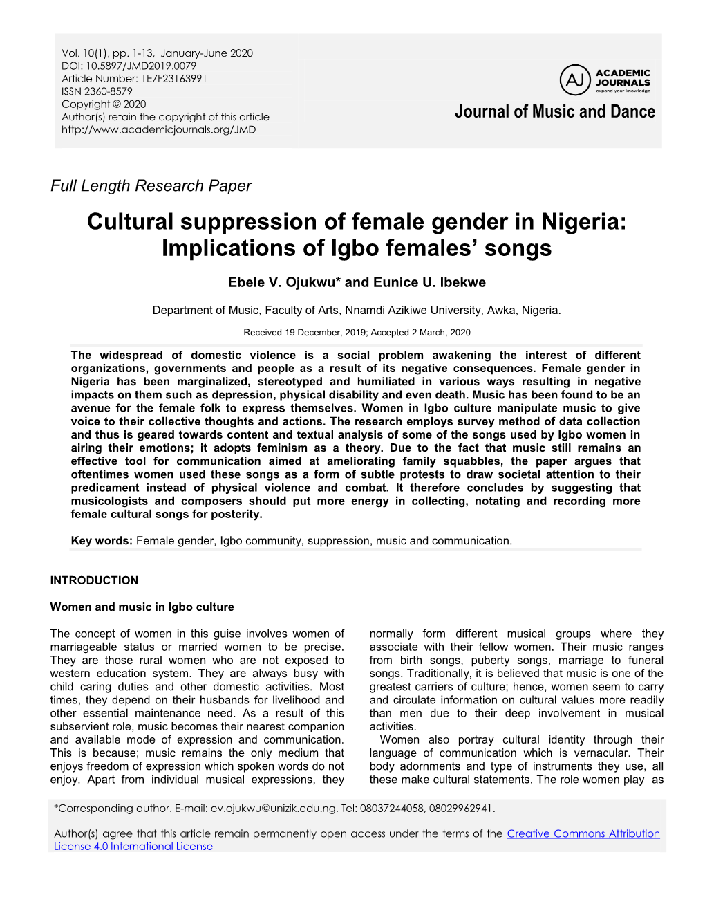 Cultural Suppression of Female Gender in Nigeria: Implications of Igbo Females’ Songs