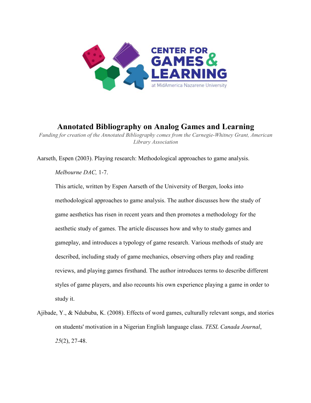Annotated Bibliography on Analog Games and Learning