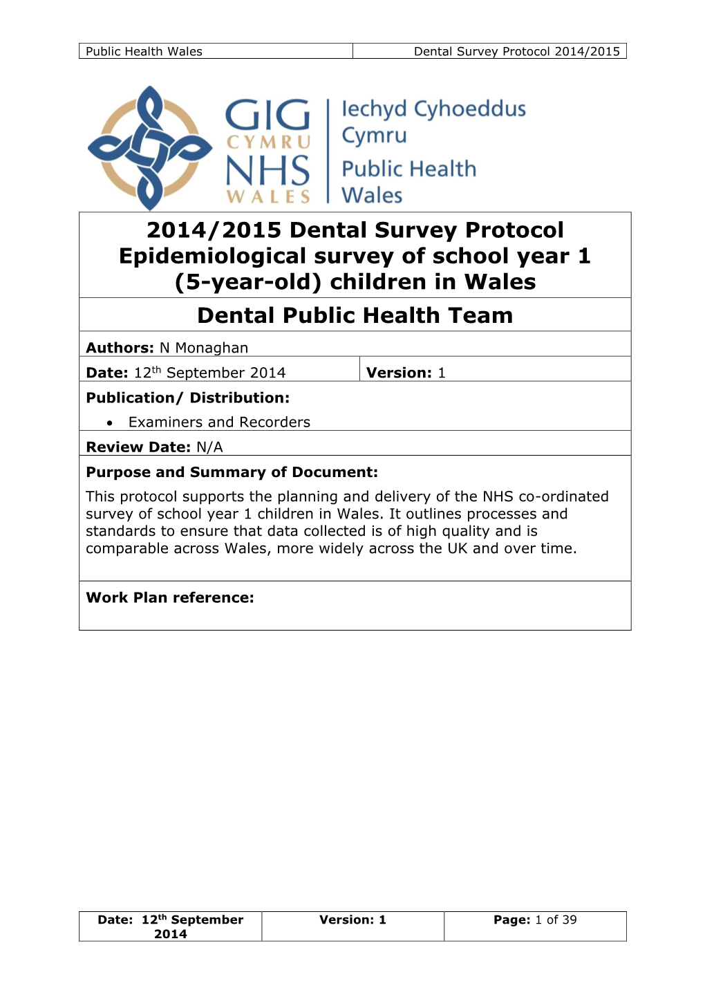 2014/2015 Dental Survey Protocol Epidemiological