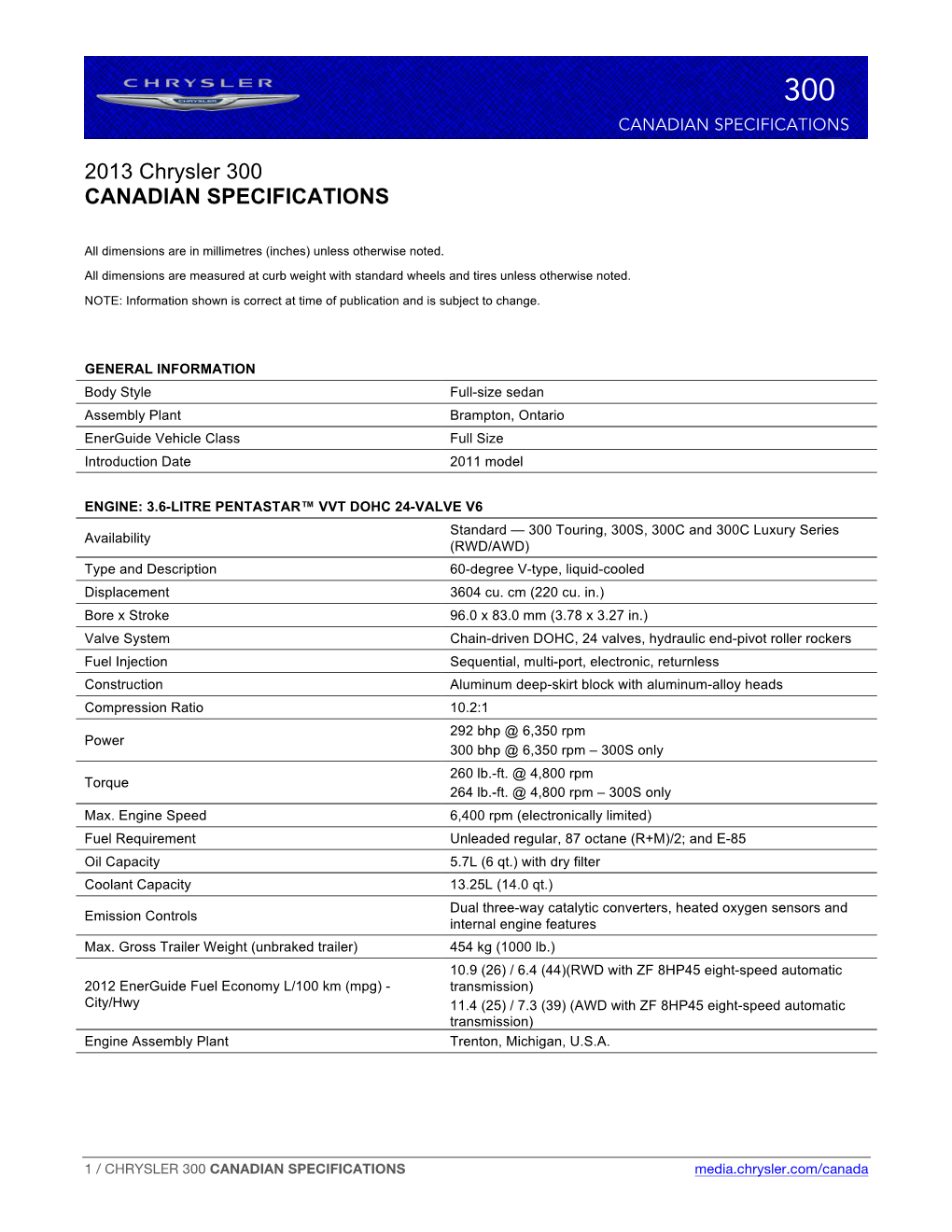 2013 Chrysler 300 CANADIAN SPECIFICATIONS