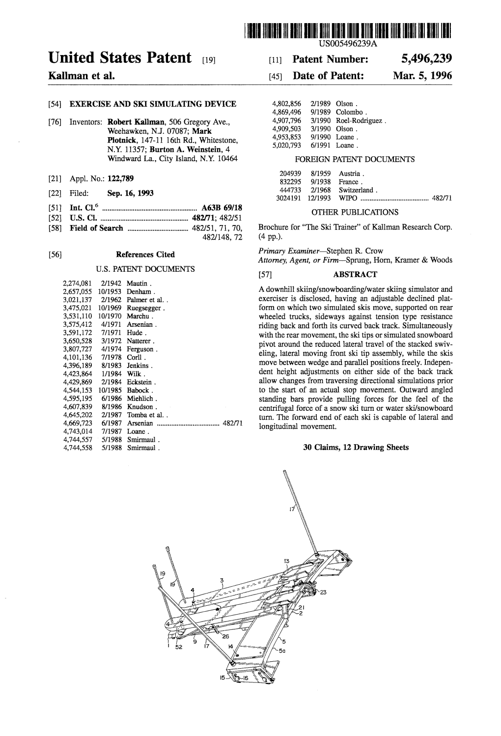 |H||||||||| USOO5496239A United States Patent (19) 11 Patent Number: 5,496,239 Kallman Et Al