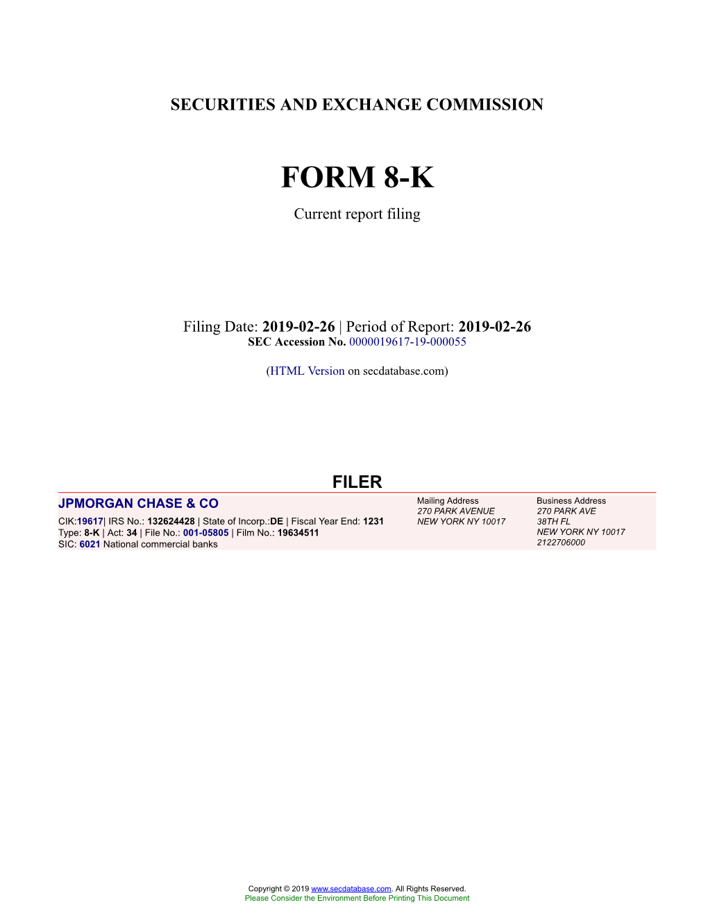 JPMORGAN CHASE & CO Form 8-K Current Event Report Filed 2019-02