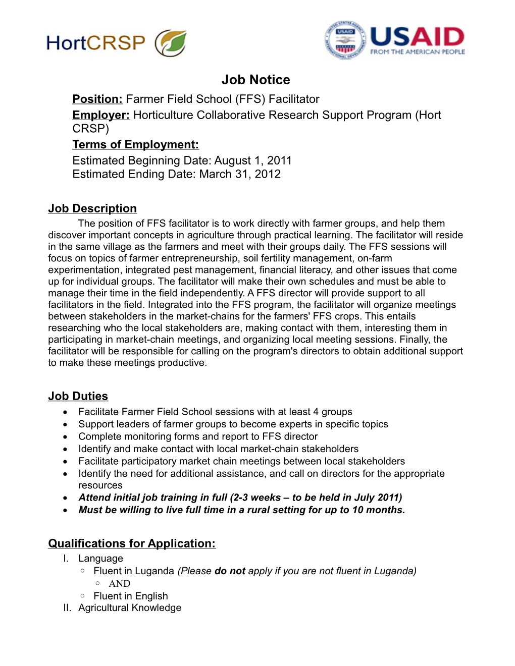 Position: Farmer Field School (FFS) Facilitator