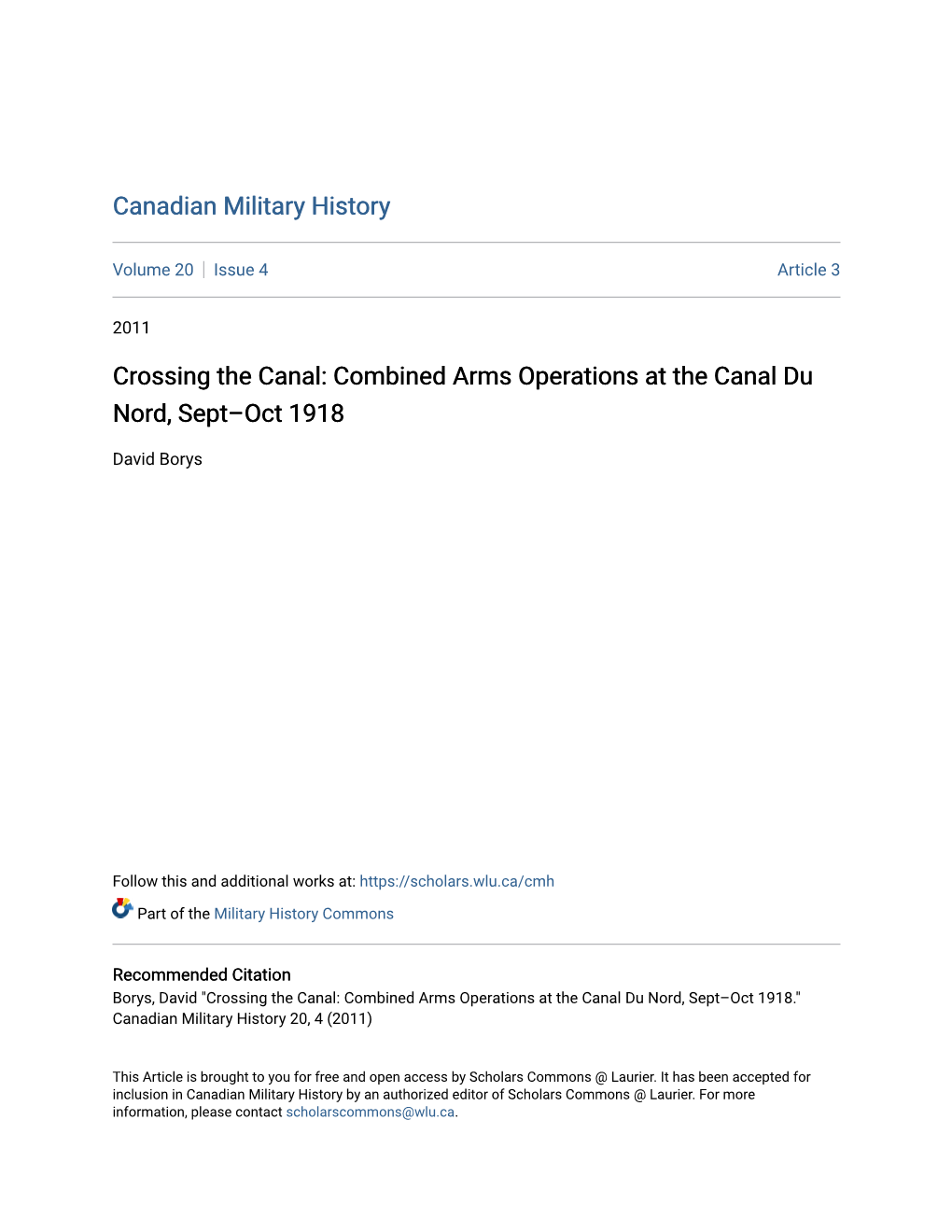 Crossing the Canal: Combined Arms Operations at the Canal Du Nord, Septâ•Fioct 1918