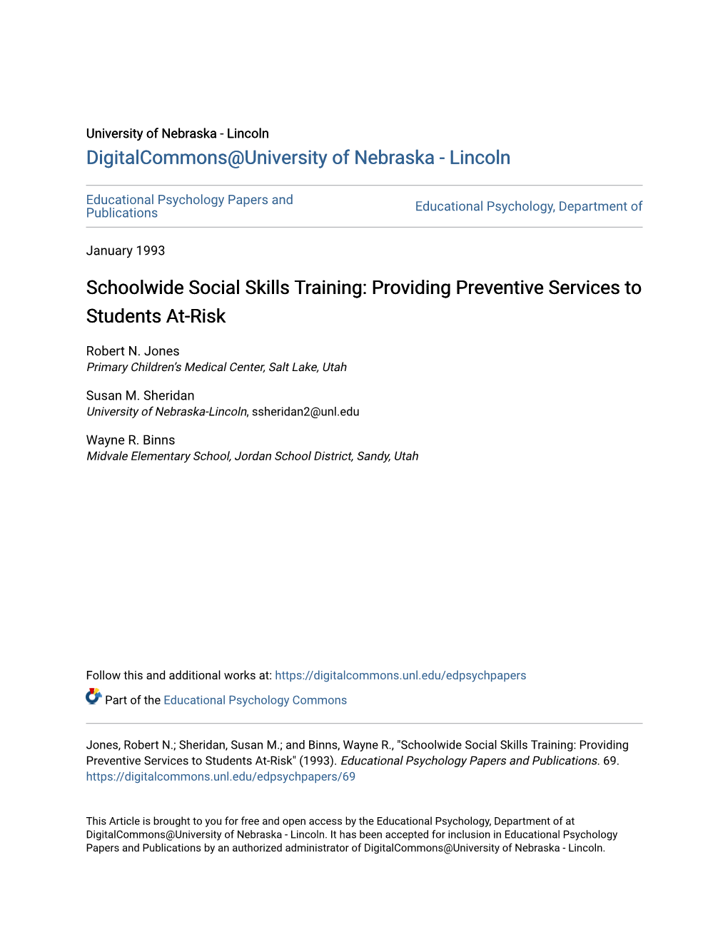 Schoolwide Social Skills Training: Providing Preventive Services to Students At-Risk