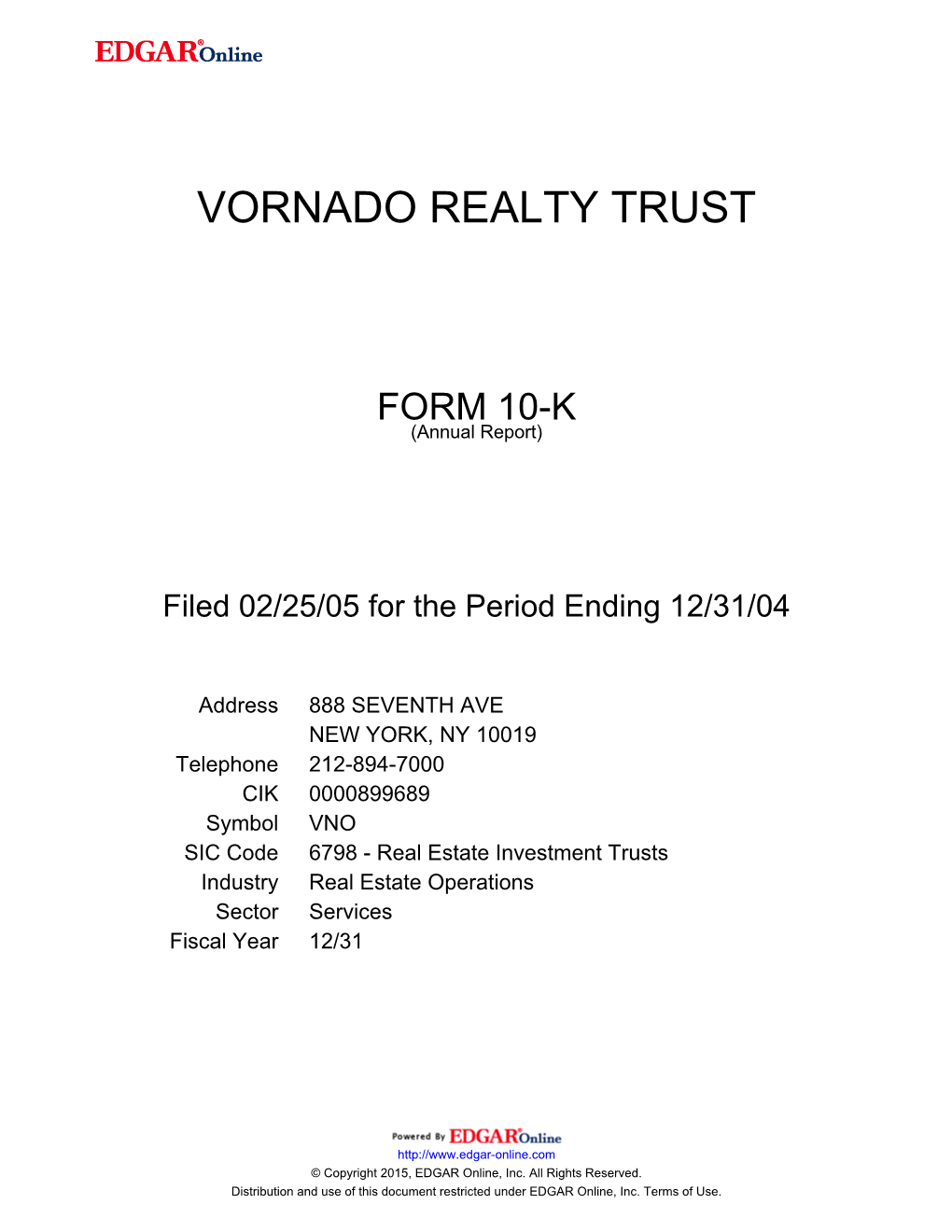 Vornado Realty Trust Form 10-K