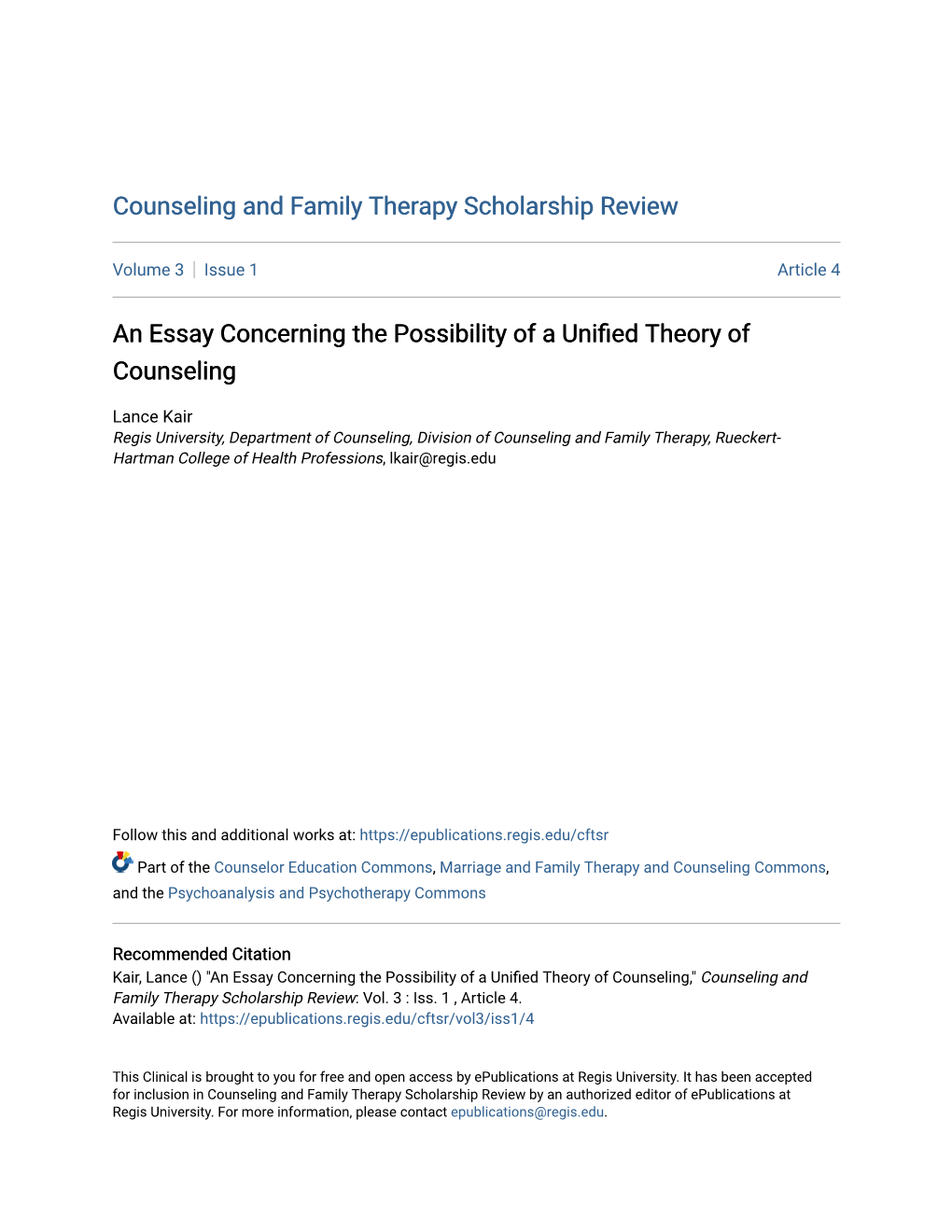 An Essay Concerning the Possibility of a Unified Theory of Counseling