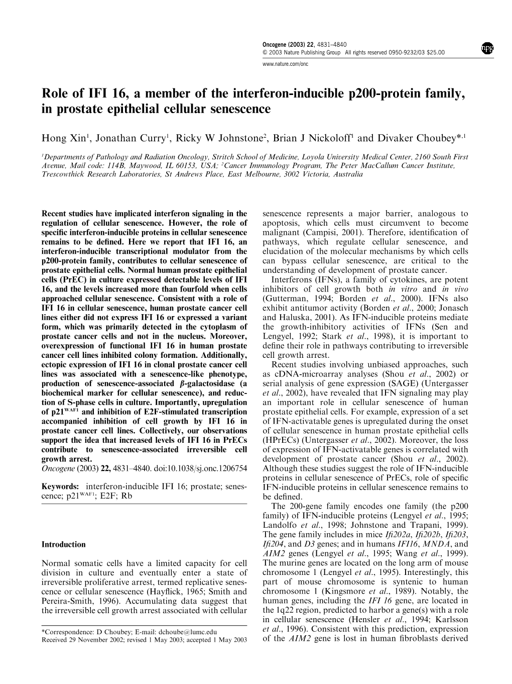 Role of IFI 16, a Member of the Interferon-Inducible P200-Protein Family, in Prostate Epithelial Cellular Senescence