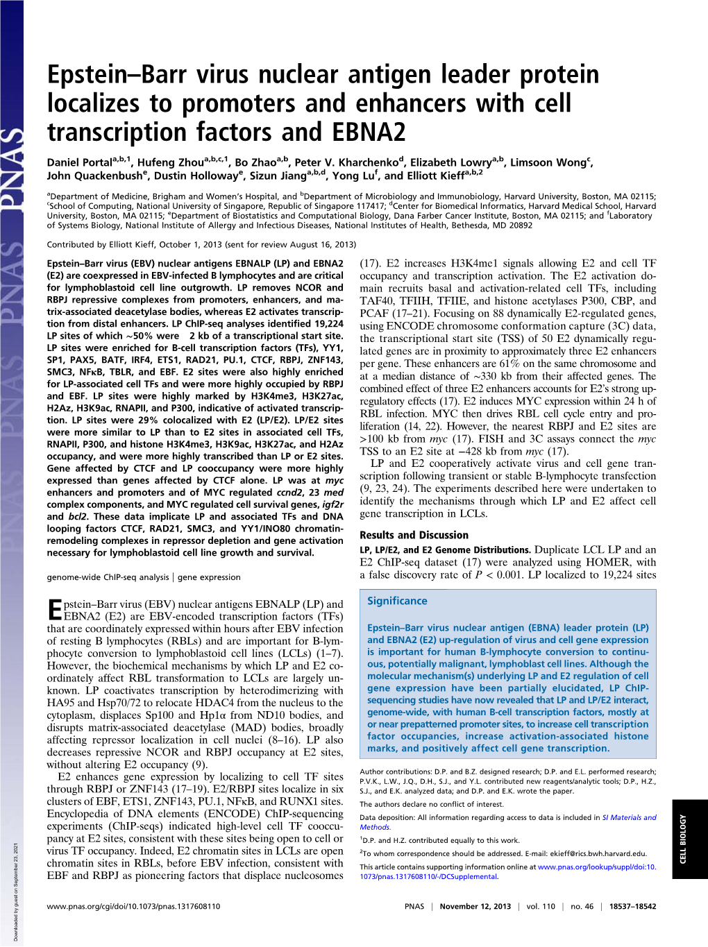 Epstein–Barr Virus Nuclear Antigen Leader Protein Localizes to Promoters and Enhancers with Cell Transcription Factors and EBNA2