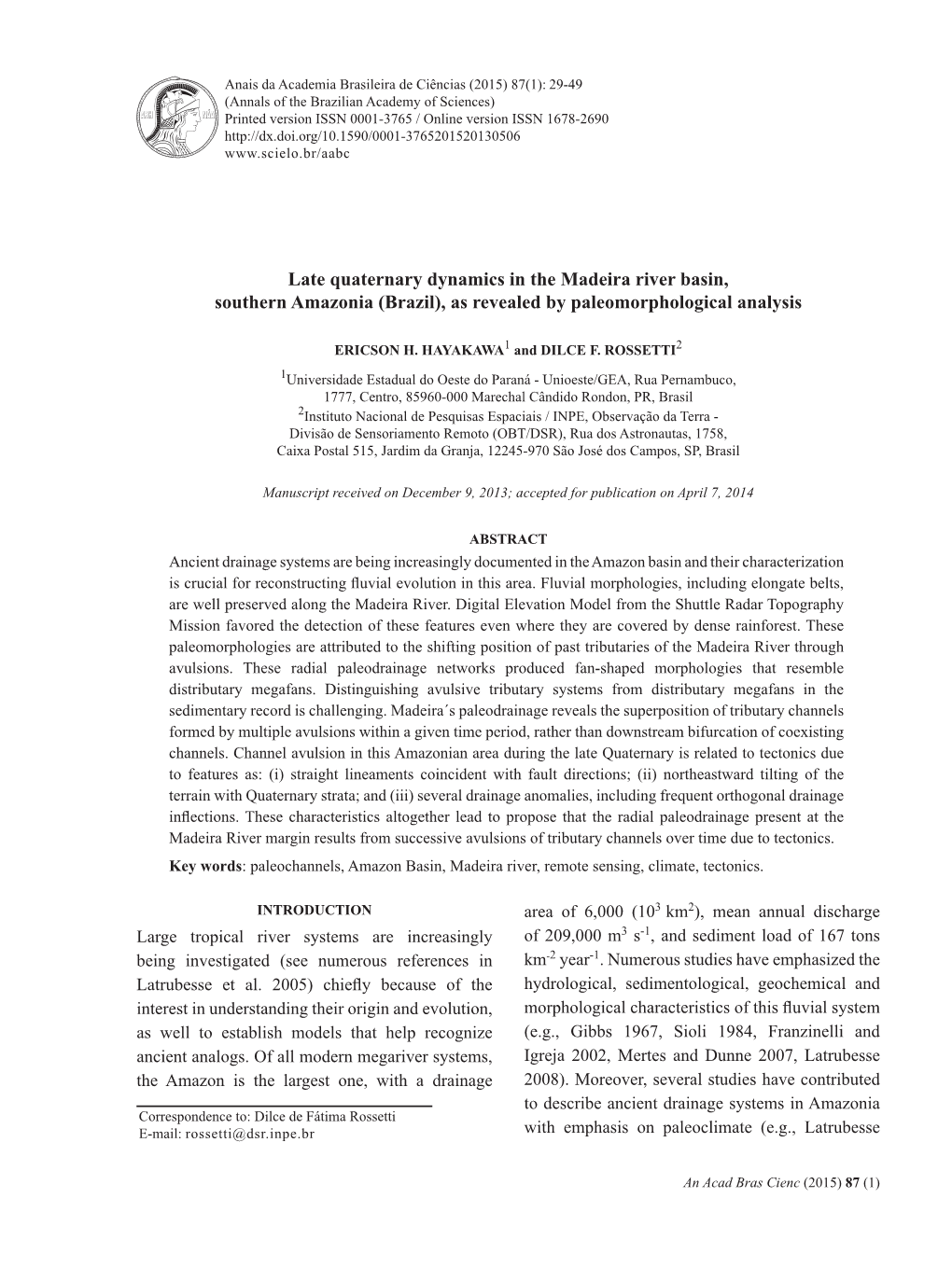 Late Quaternary Dynamics in the Madeira River Basin, Southern Amazonia (Brazil), As Revealed by Paleomorphological Analysis