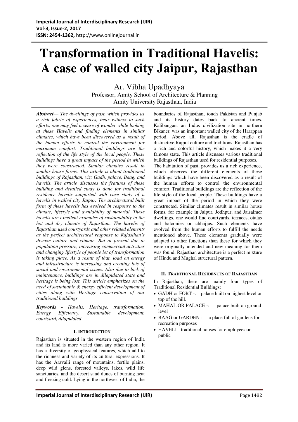 Transformation in Traditional Havelis: a Case of Walled City Jaipur, Rajasthan