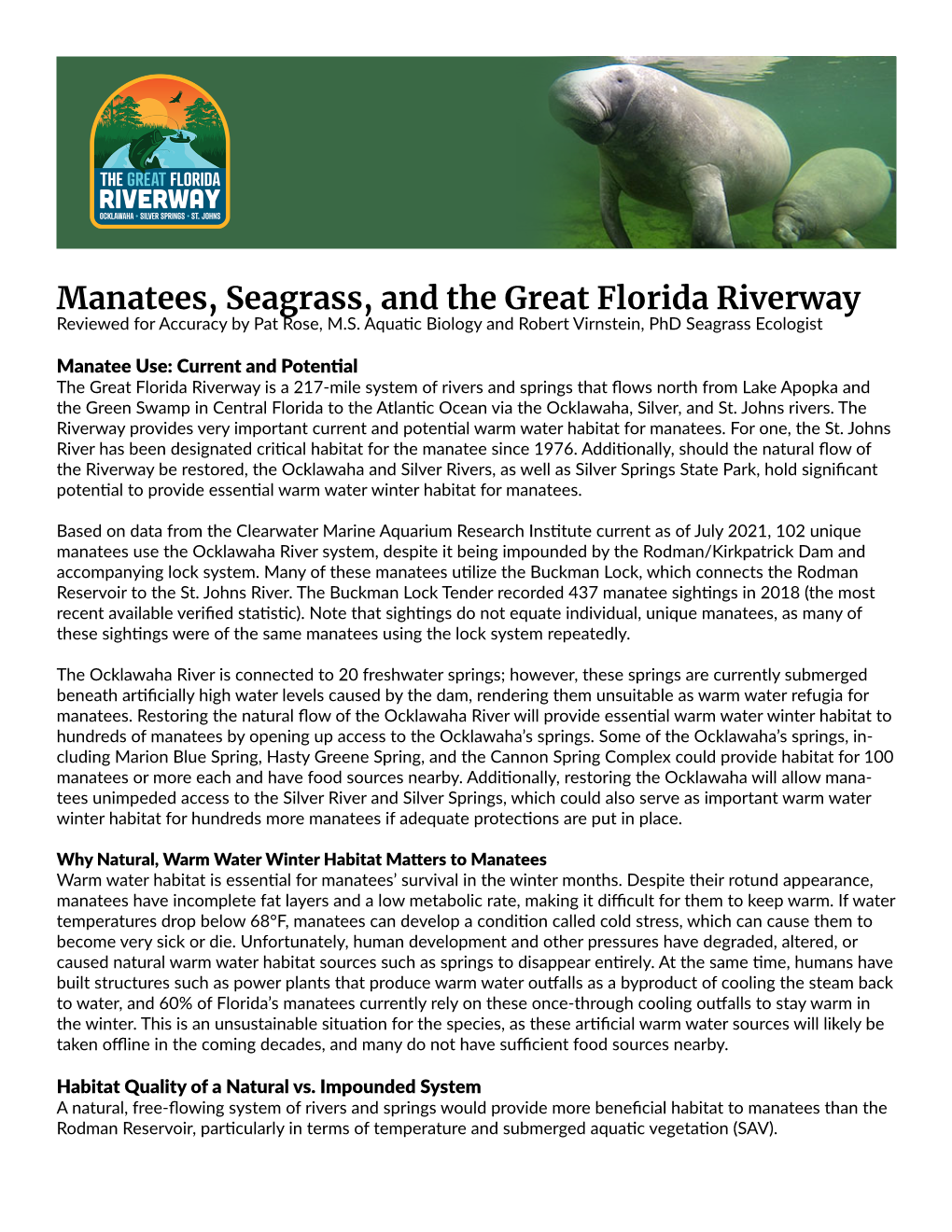 Manatees, Seagrass, and the Great Florida Riverway Reviewed for Accuracy by Pat Rose, M.S