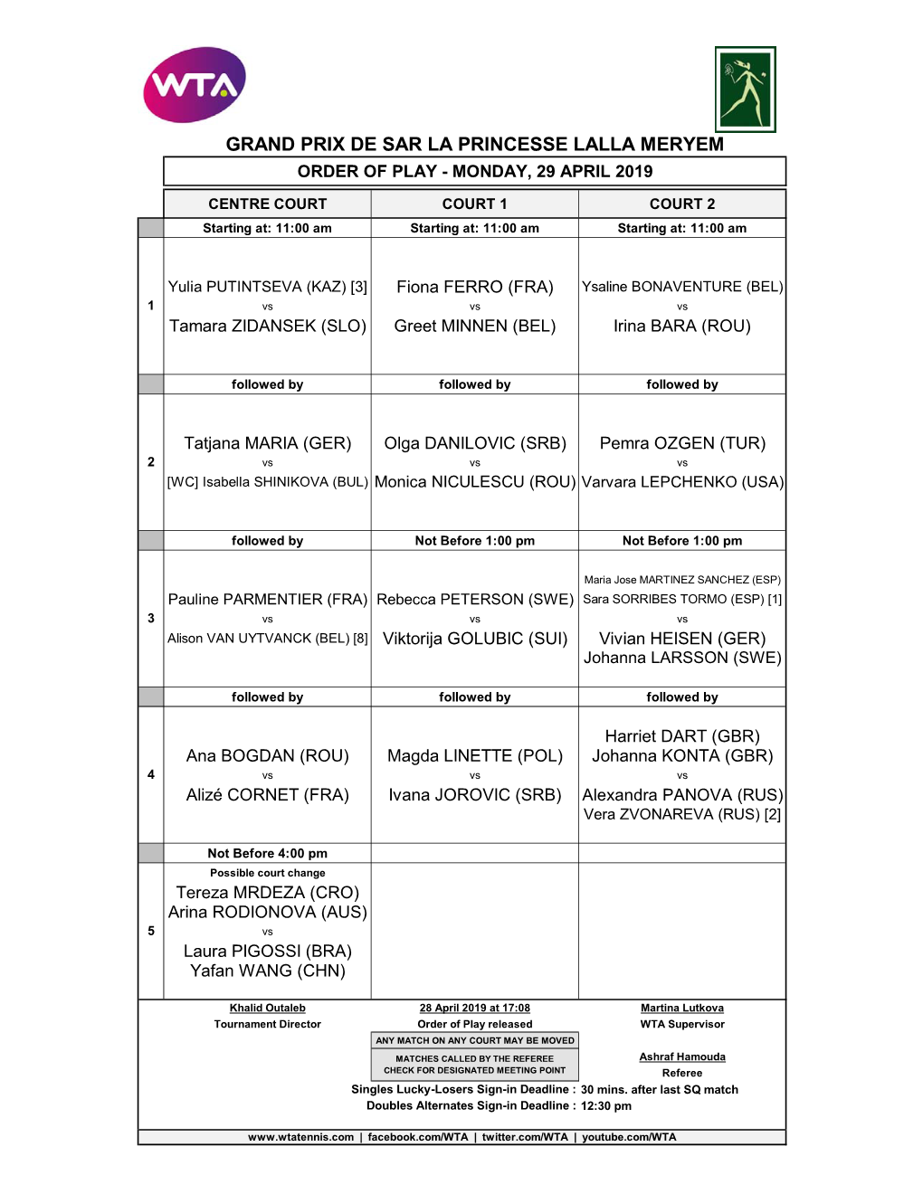 Grand Prix De Sar La Princesse Lalla Meryem Order of Play - Monday, 29 April 2019