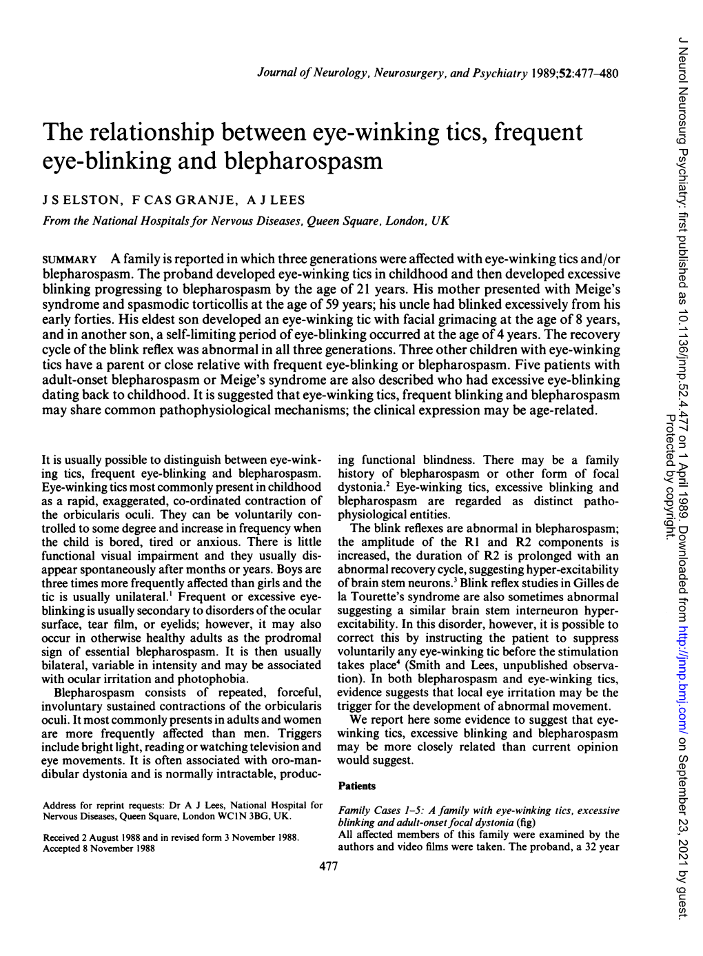 The Relationship Between Eye-Winking Tics, Frequent Eye-Blinking and Blepharospasm