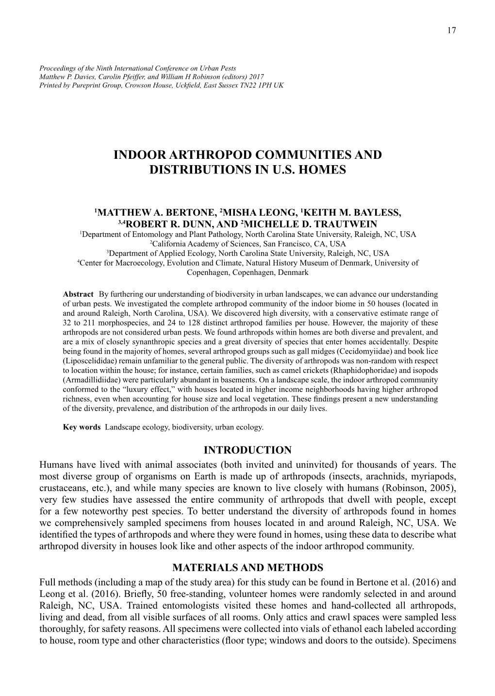 Indoor Arthropod Communities and Distributions in U.S