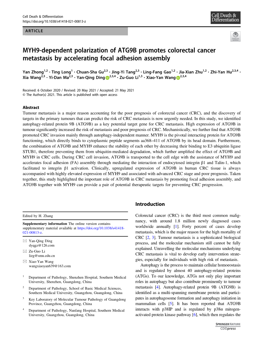 MYH9-Dependent Polarization of ATG9B Promotes Colorectal Cancer Metastasis by Accelerating Focal Adhesion Assembly