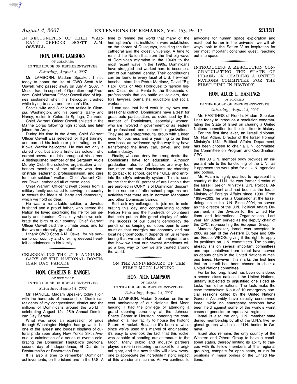 23331 Hon. Doug Lamborn Hon. Charles B. Rangel Hon. Nick Lampson Hon. Alcee L. Hastings