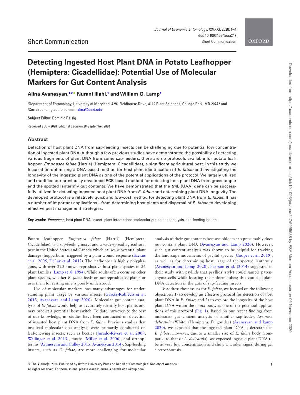 Detecting Ingested Host Plant DNA in Potato Leafhopper (Hemiptera