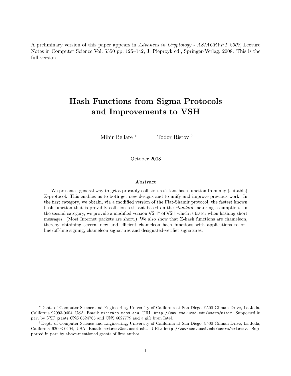 Hash Functions from Sigma Protocols and Improvements to VSH