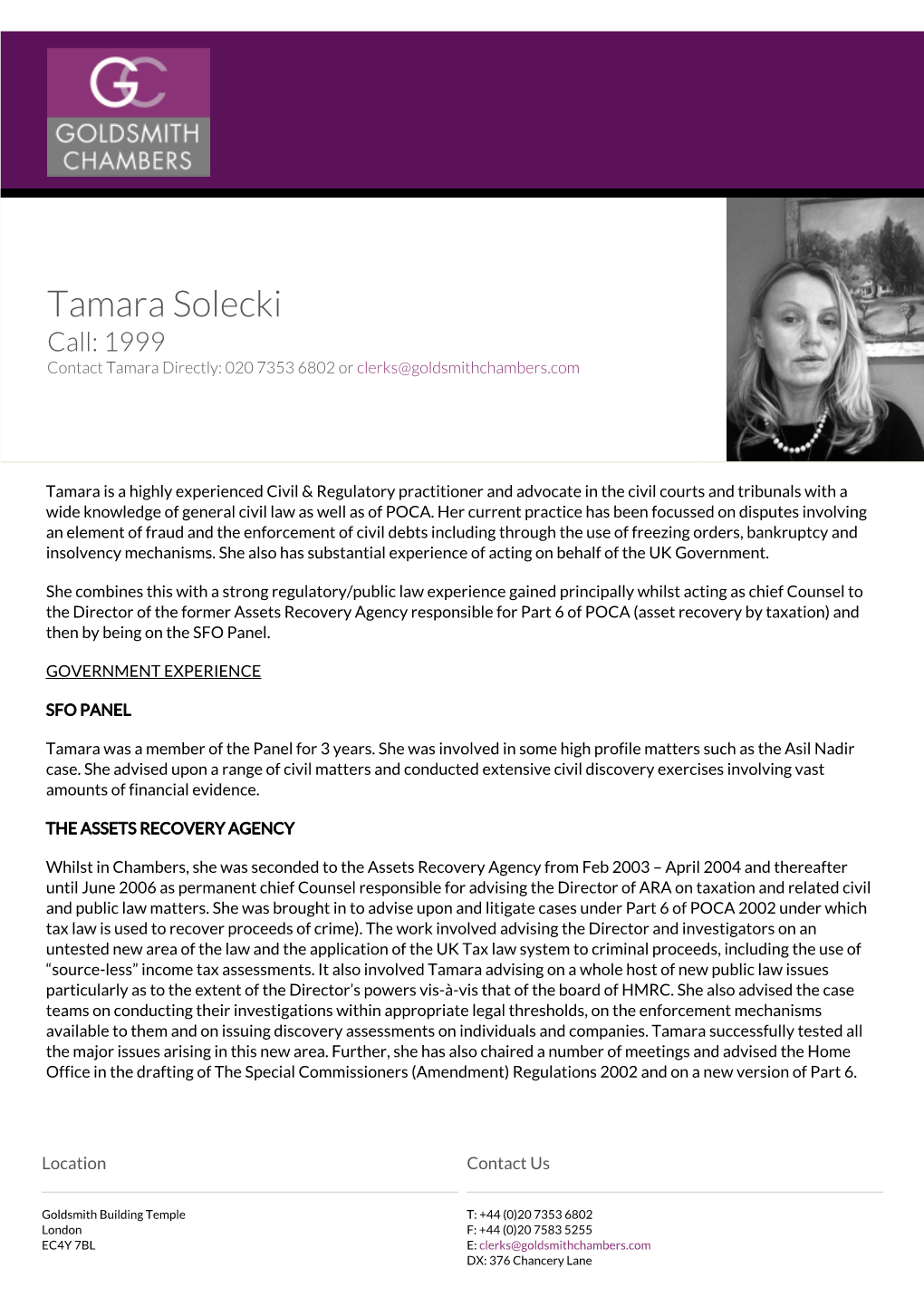 Tamara Solecki Call: 1999 Contact Tamara Directly: 020 7353 6802 Or Clerks@Goldsmithchambers.Com