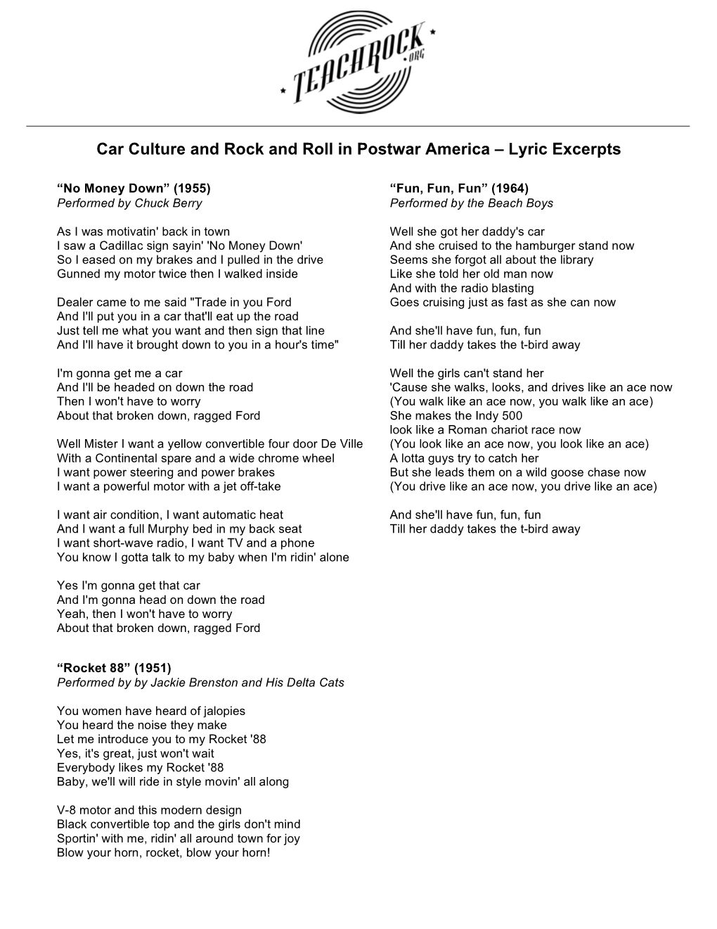 Car Culture and Rock and Roll in Postwar America – Lyric Excerpts